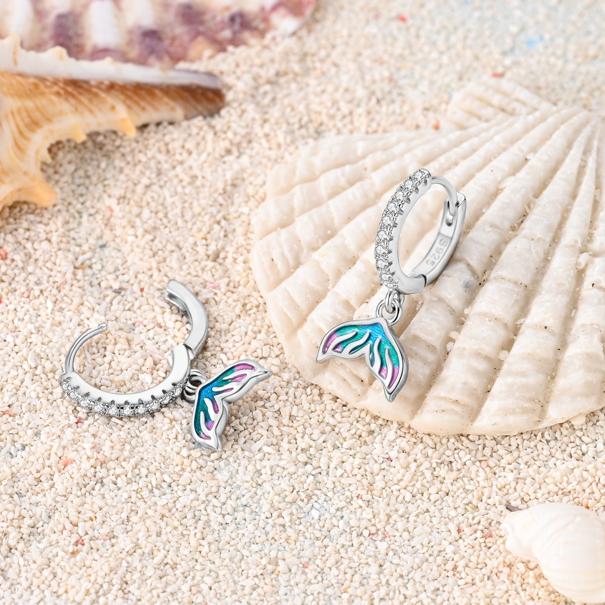 LAZA Original Women 925 Silver Hoop Earrings Sparkling Ocean Tail Jewelry
