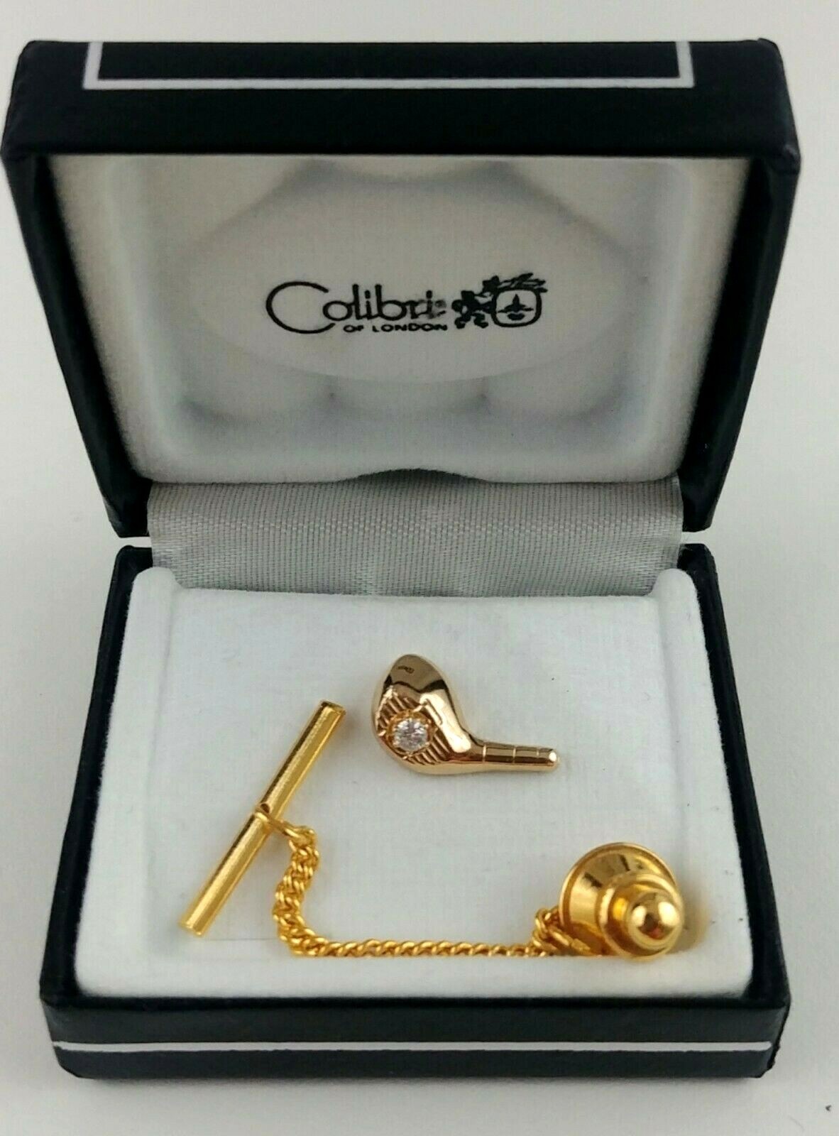 Colibri of London Golf Tie Pin Tack With Stone Driver Head IOB Gold Tone