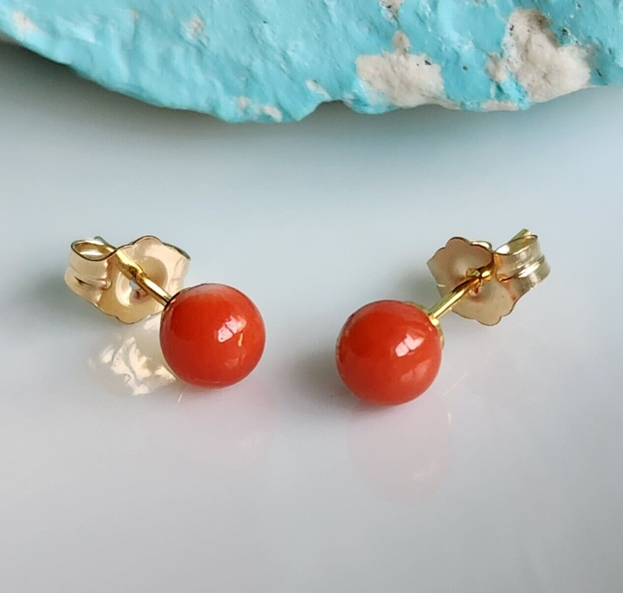 Genuine Orange Momo 4.7mm Coral Small Stud Earring 14k Yellow Gold Filled