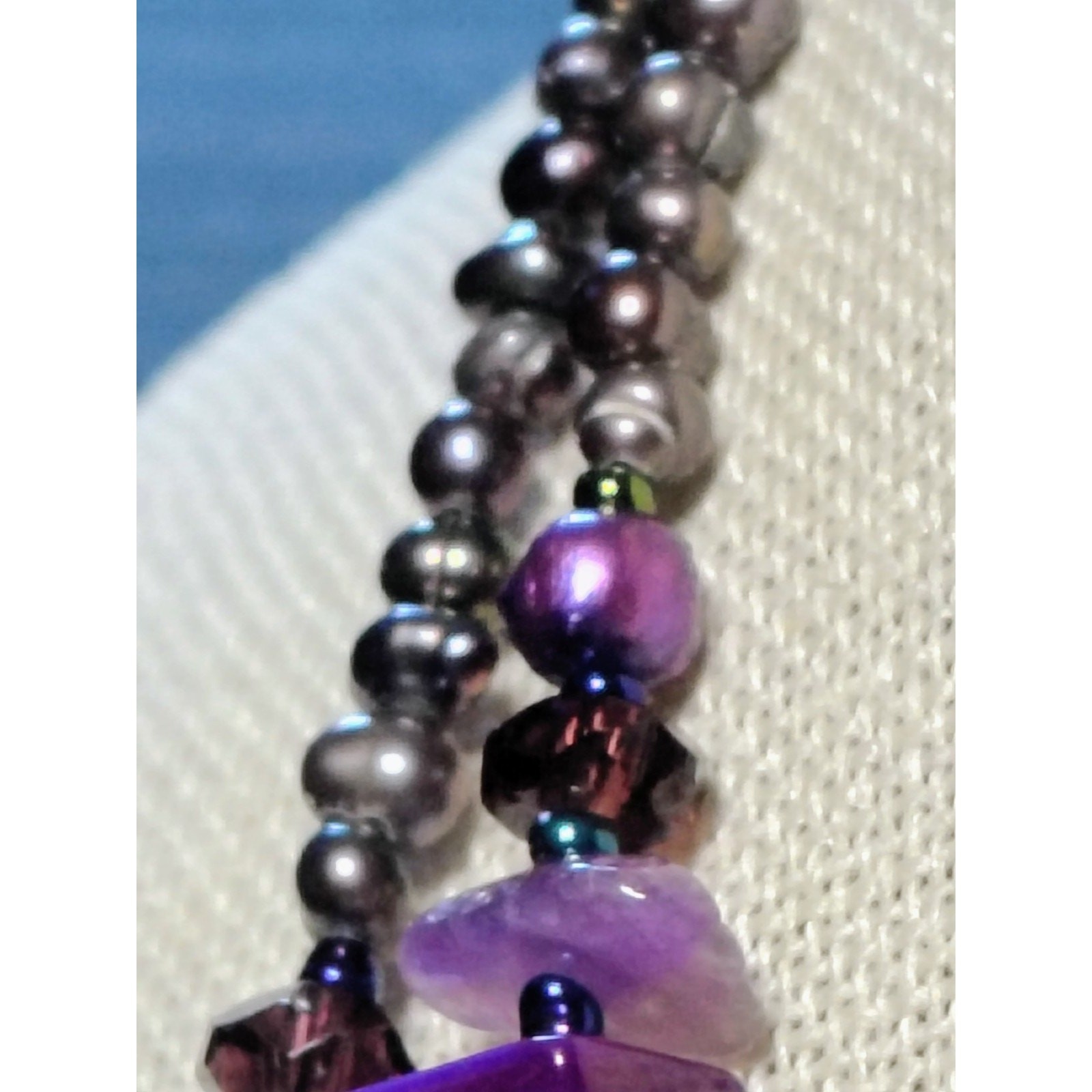 N774 Artisan Double Strand Amethyst Chip Bead Necklace Purple Shell Pearl Boho