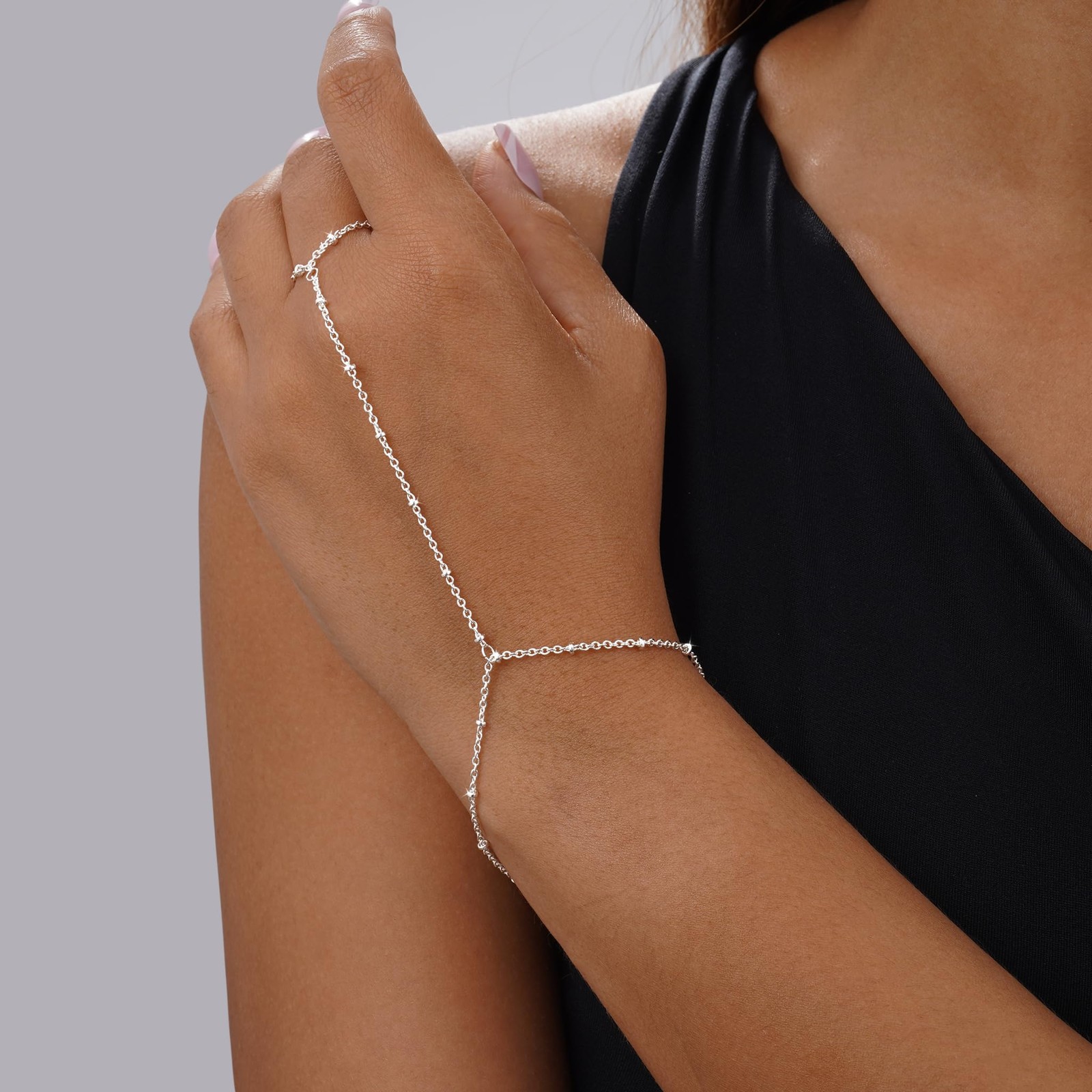 Tewiky Hand Chain Bracelet Ring, 14K Gold Plated/Silver Finger Ring