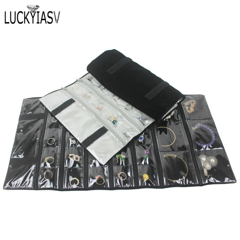 Fashion Velvet Zipper Jewelry Roll Bag Ring Earrings Organizer Storage Bag