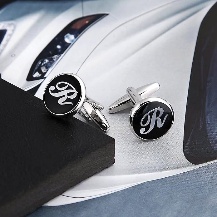 Stainless Steel Black White Alphabet Letter R Classic Round Shape Cufflinks