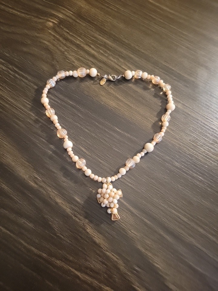 Vintage Cream & Champagne Beaded Necklace with Gold-Tone Cross Pendant