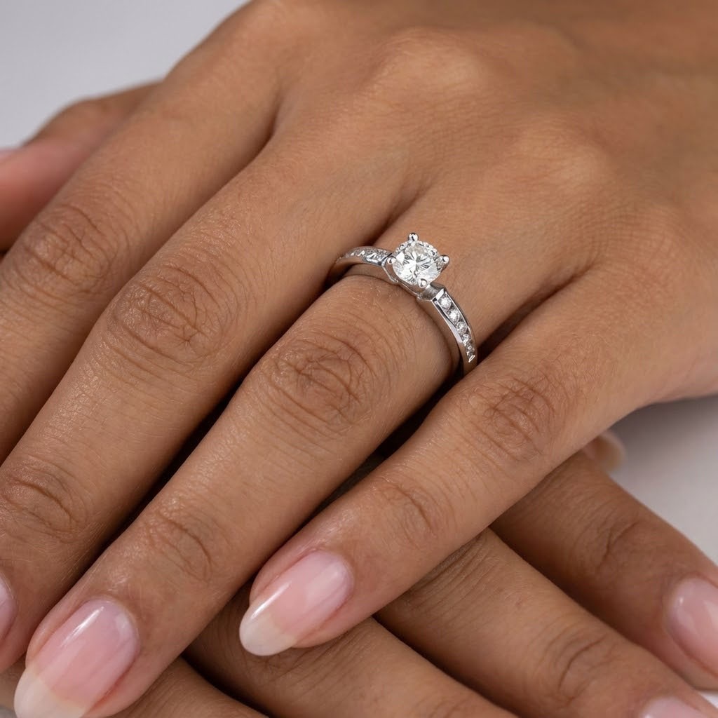 Side Stone Engagement Ring 14K Gold Classic 1.09 CT Round Natural Diamond F SI1