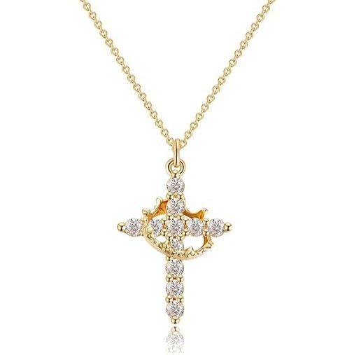 Sparkling Crown Cross Pendant Necklace Christian Jewelry Gift Women Men Girls