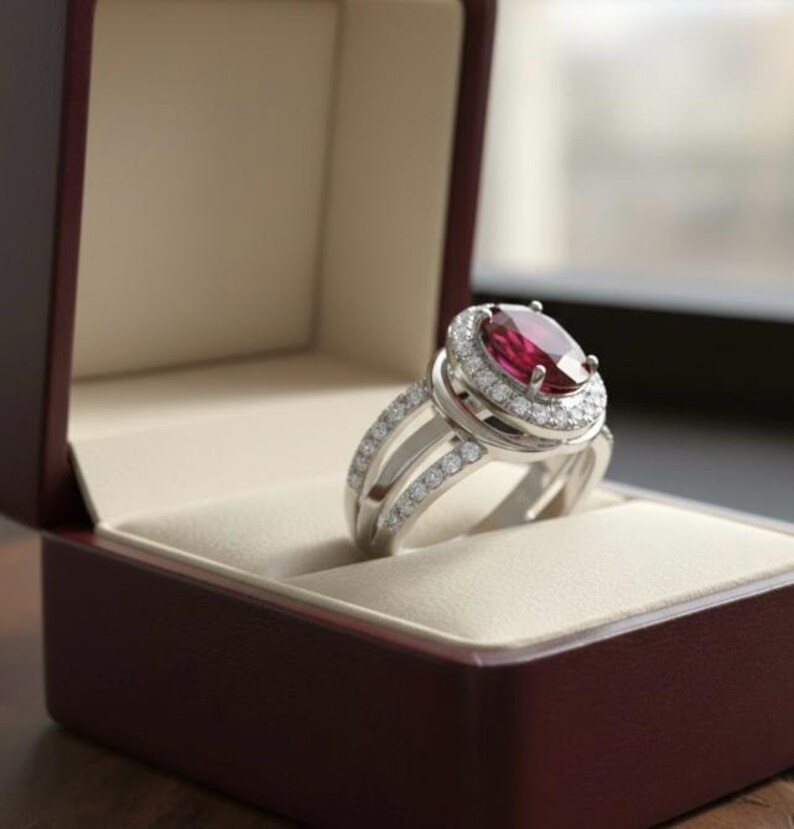 4.2Ct Oval Cut Natural Red Ruby &Diamond Real 14K White Gold Luxury Wedding Ring