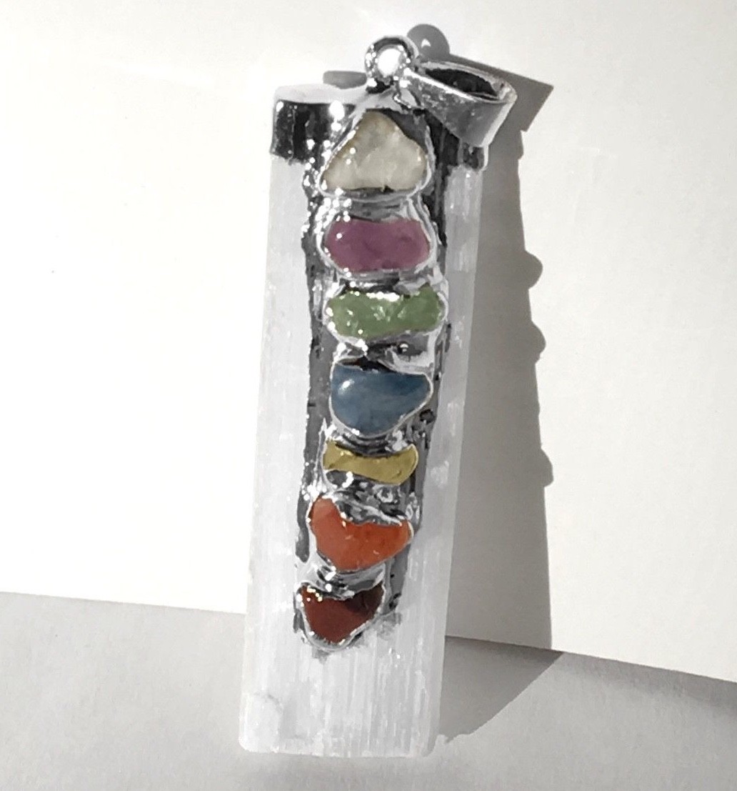Selenite 7 Chakra Crystal Pendant CHARGED Sterling Silver Necklace HANDMADE