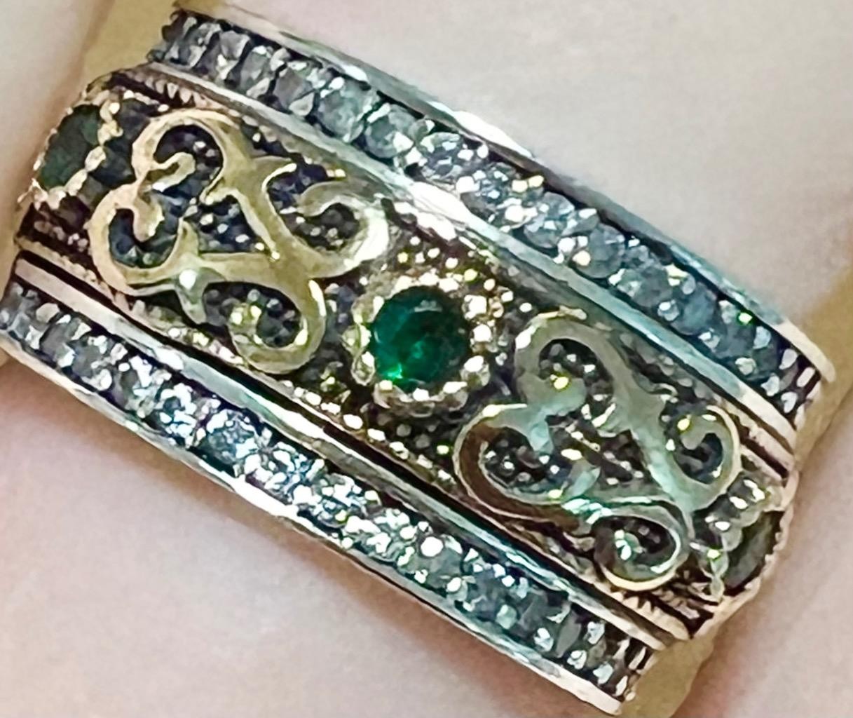 REAL Diamond Emerald SOLID 14K Yellow Gold 925 Wide Band Ring Etruscan Rev SZ 9