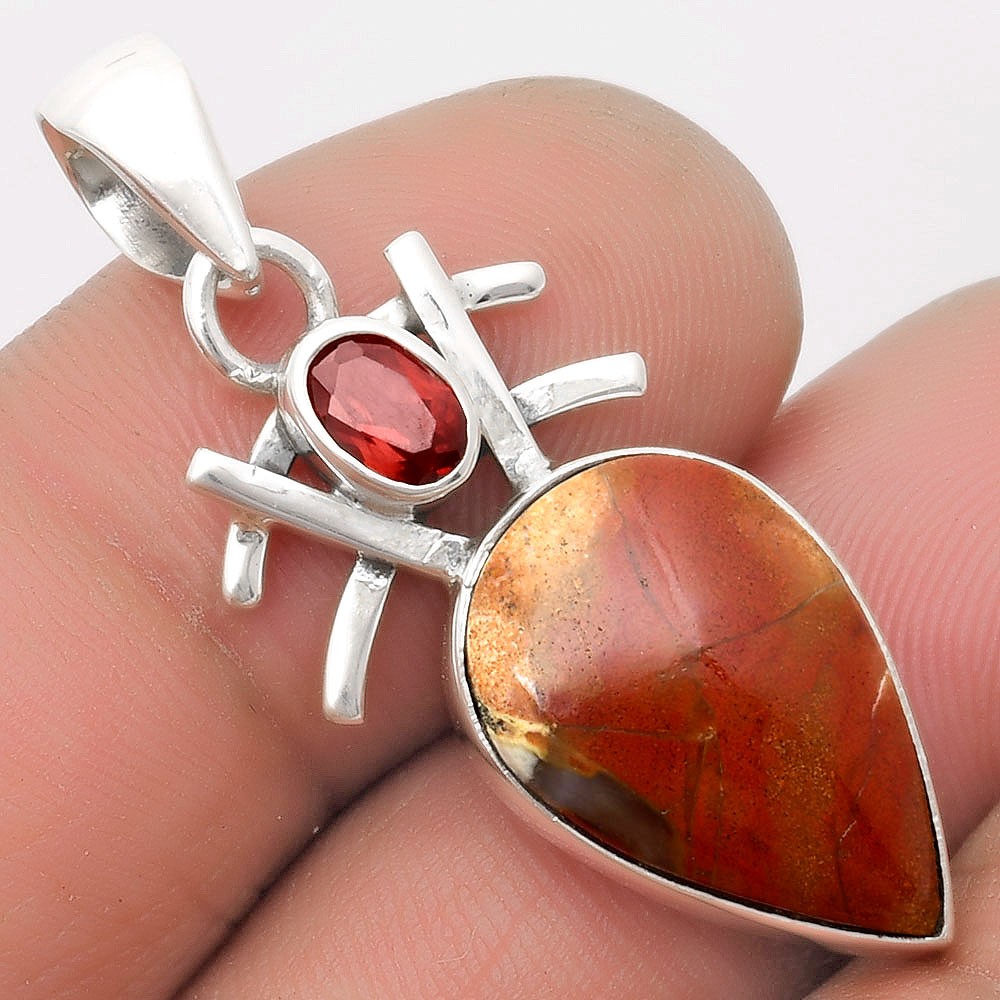 Natural Red Moss Agate & Garnet 925 Sterling Silver Pendant Jewelry P-1046