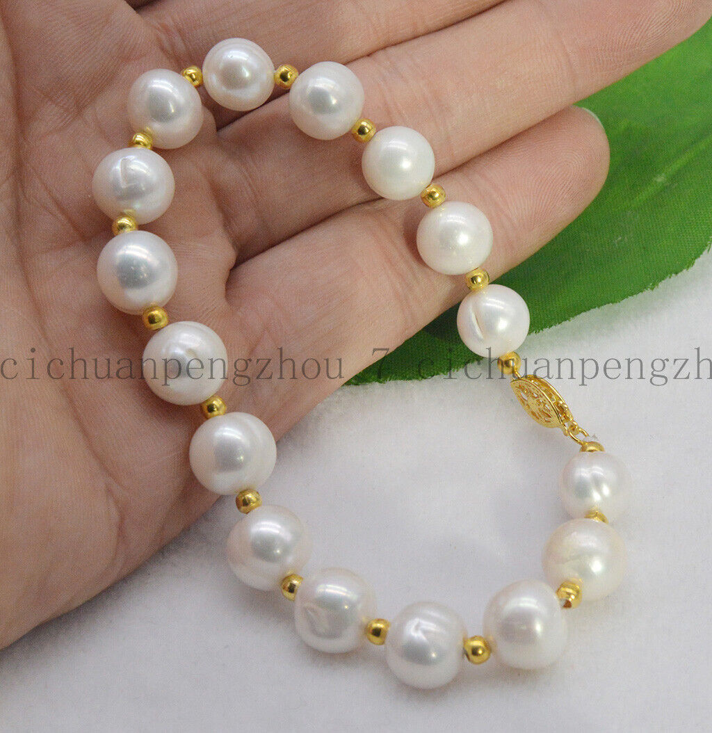 Genuine Natural 8-9/9-10/10-11mm White South Sea Real Pearl Bracelet 7.5” 14K
