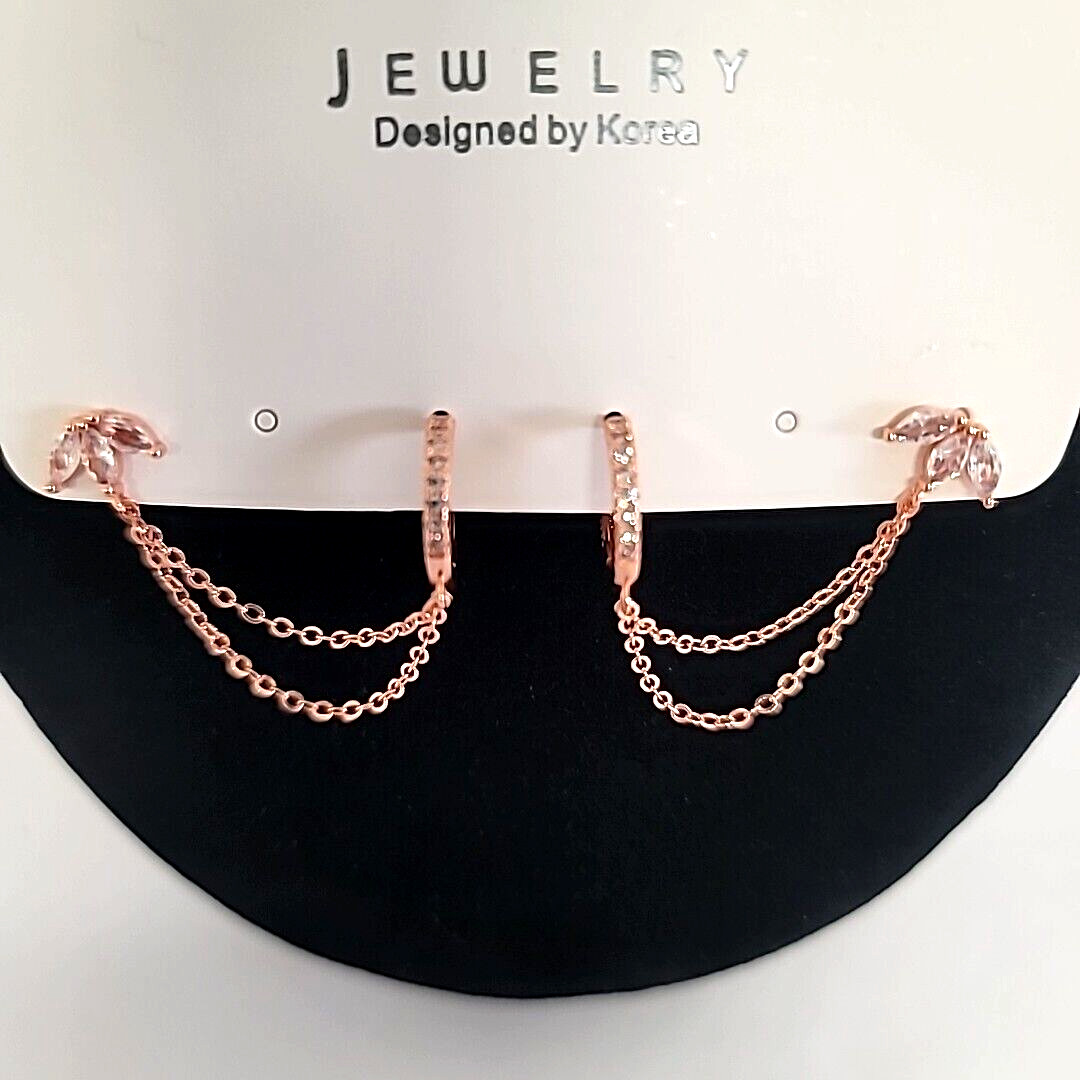 Jewelry Designed By Korea Rose Gold Tone Hoop w/ Chain To CZ Stud Post Earrings