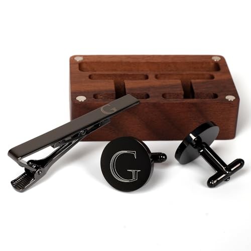 Mens Initial Cufflinks and Tie Clip A-Z Alphabet Letter Black Classic-G