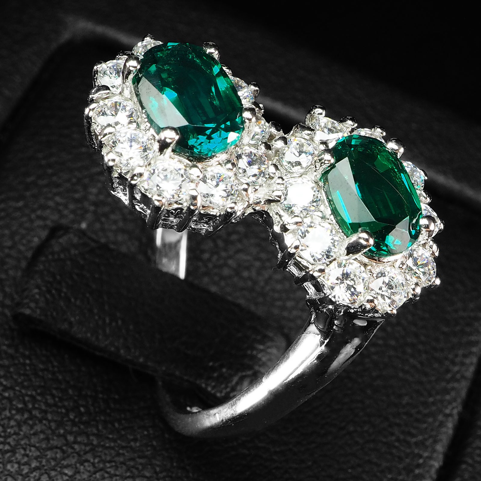 Duo Stone Vivid Green Emerald 1.60Ct 925 Sterling Silver Two Stone Floral Rings