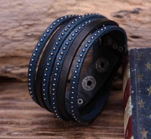 G85 Blue & Black Rock Stud Double Wrap Top Grain Leather Wristband Bracelet Cuff
