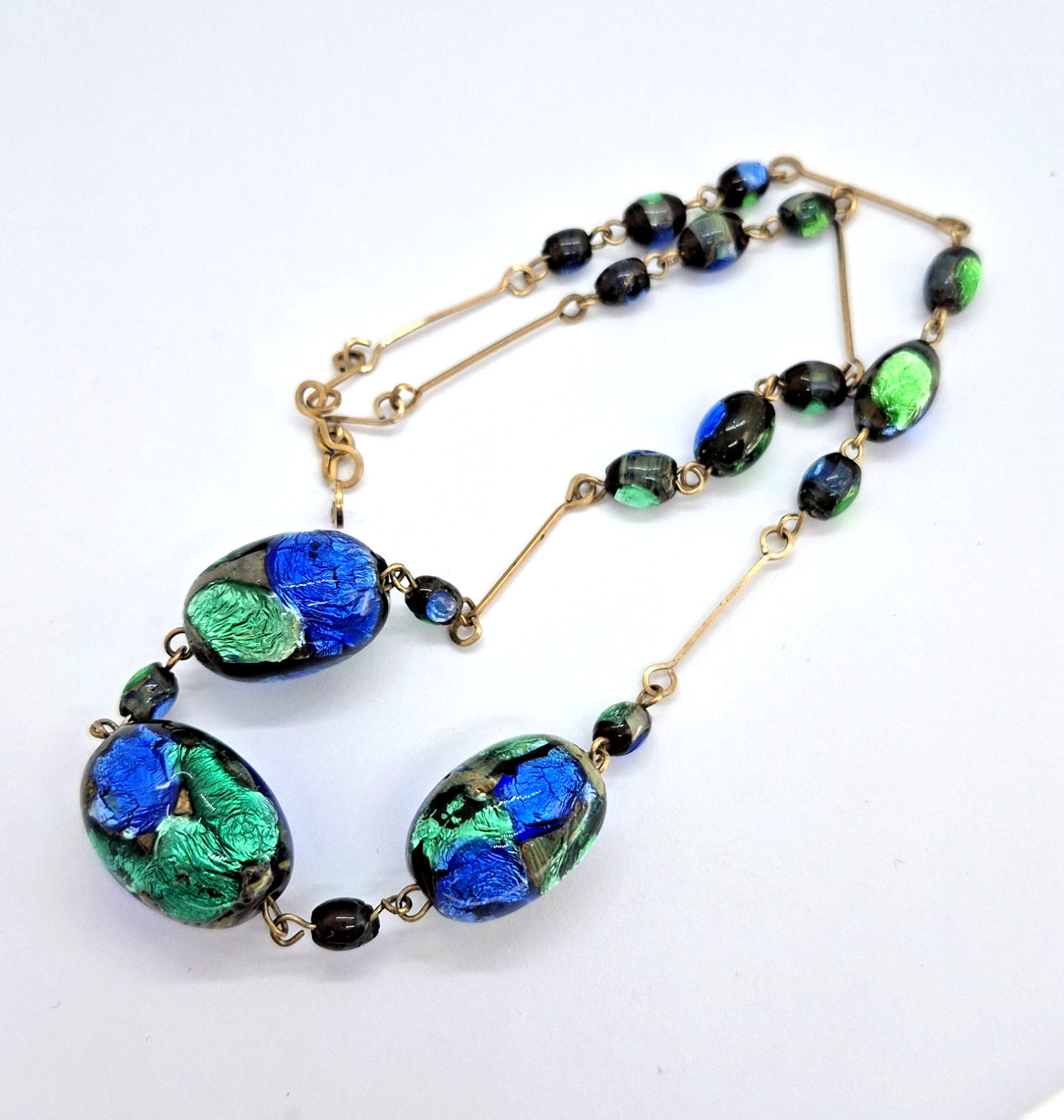 Vintage Art Deco Venetian Green, Blue & Black Foil Glass Bead Necklace 18″