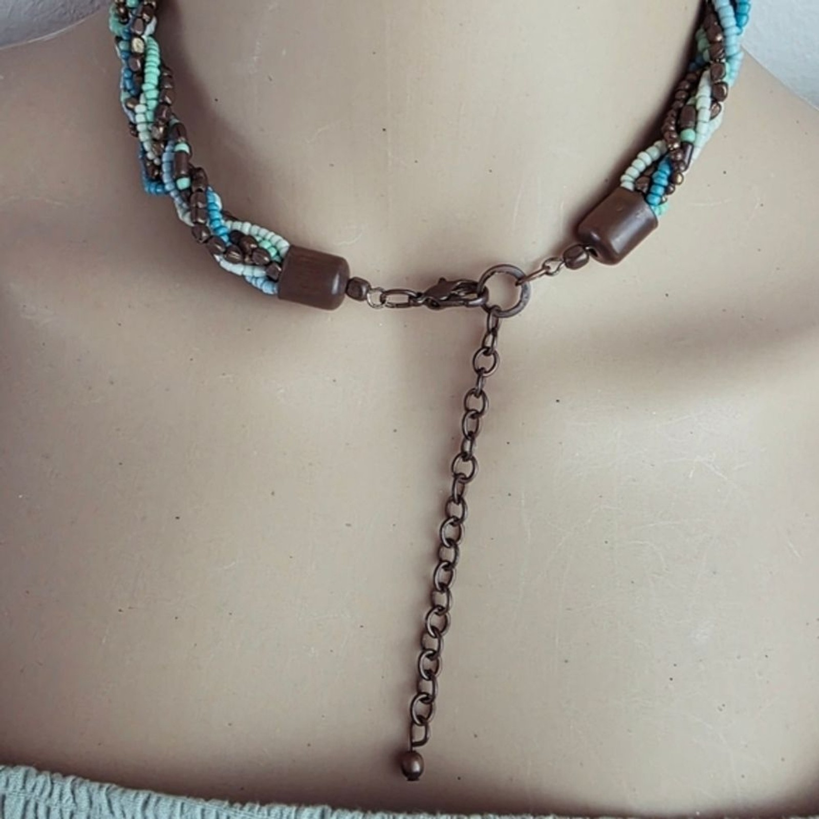 Multicolor Beaded Braided Necklace Boho Layered Blue Turquoise Brown Green Tan