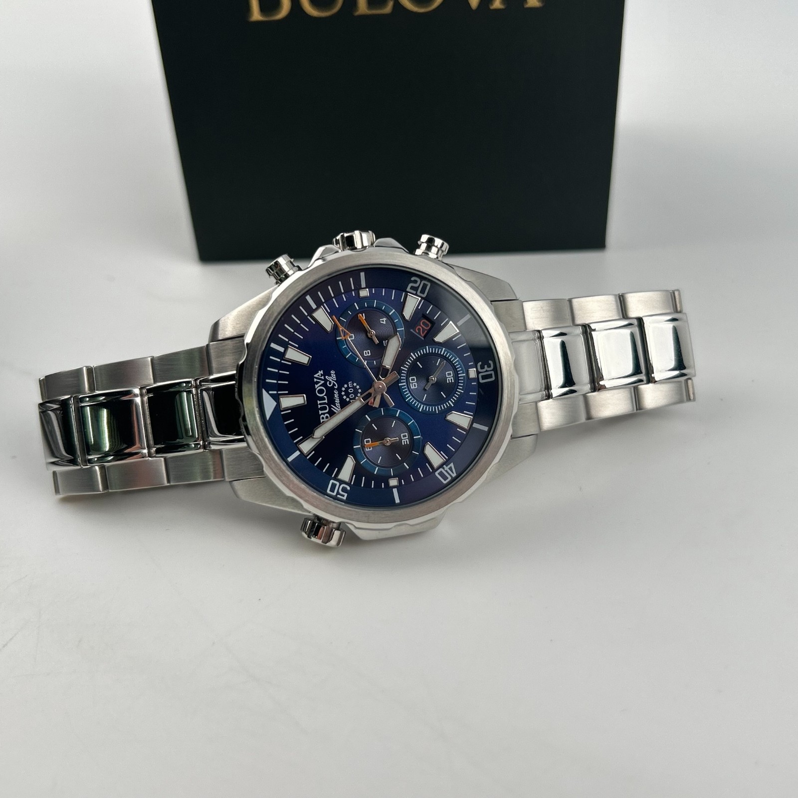 Bulova Men’s Marine Star 96B256 Blue Dial Chronograph Quartz Watch New 43mm