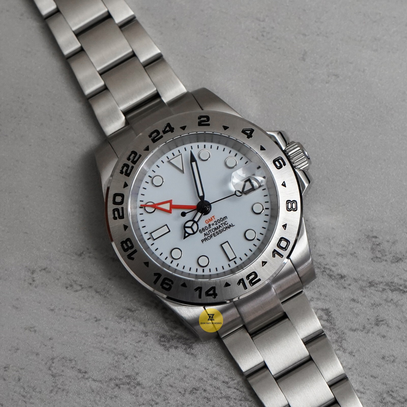 40mm White Custom Explorer 2 GMT Mod Watch NO LOGO w/ NH34 Automatic Mvmt