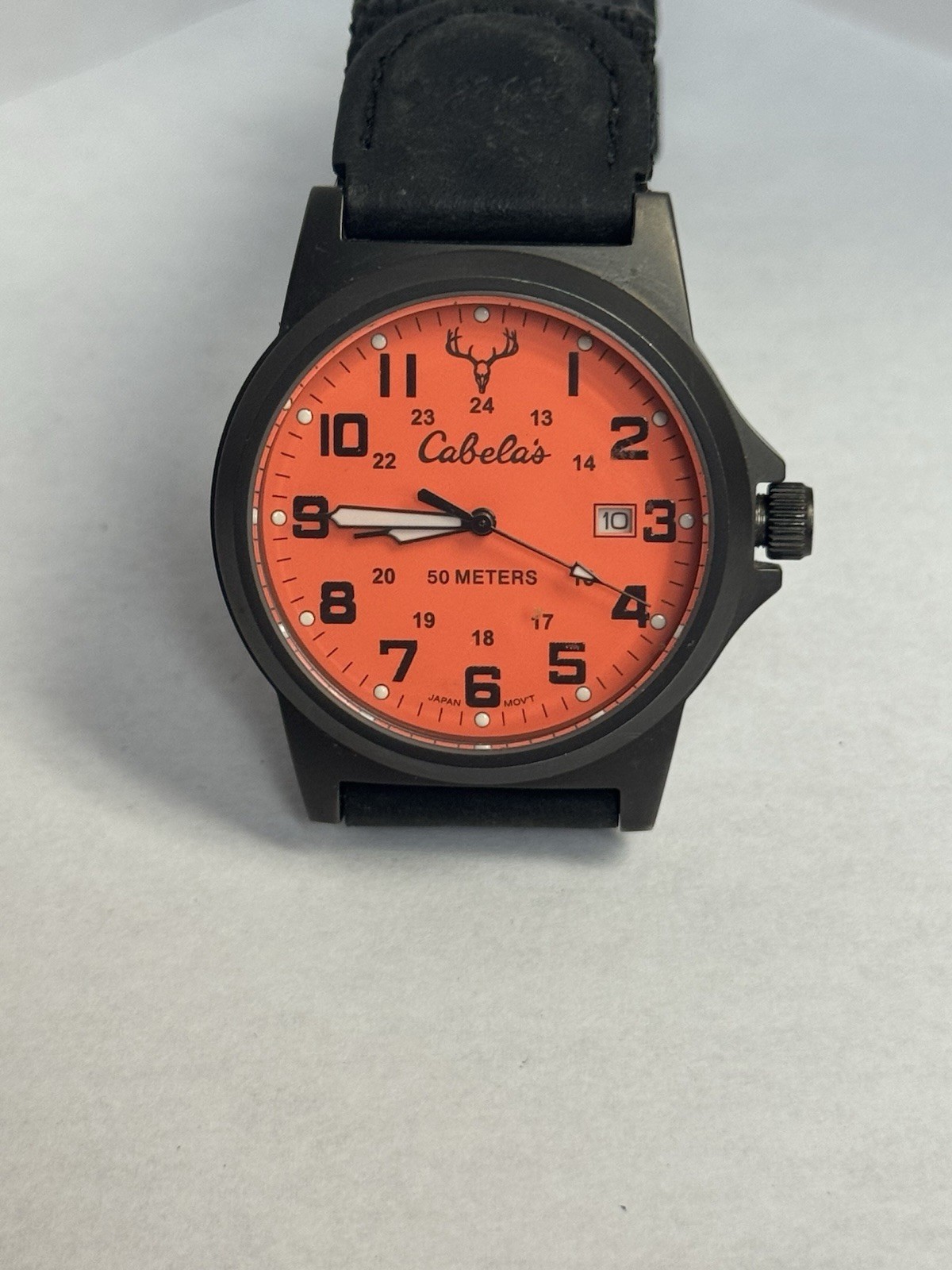 Cabela’s Outdoor Gear Quartz Watch Orange Dial Black Nylon Strap Date 50M