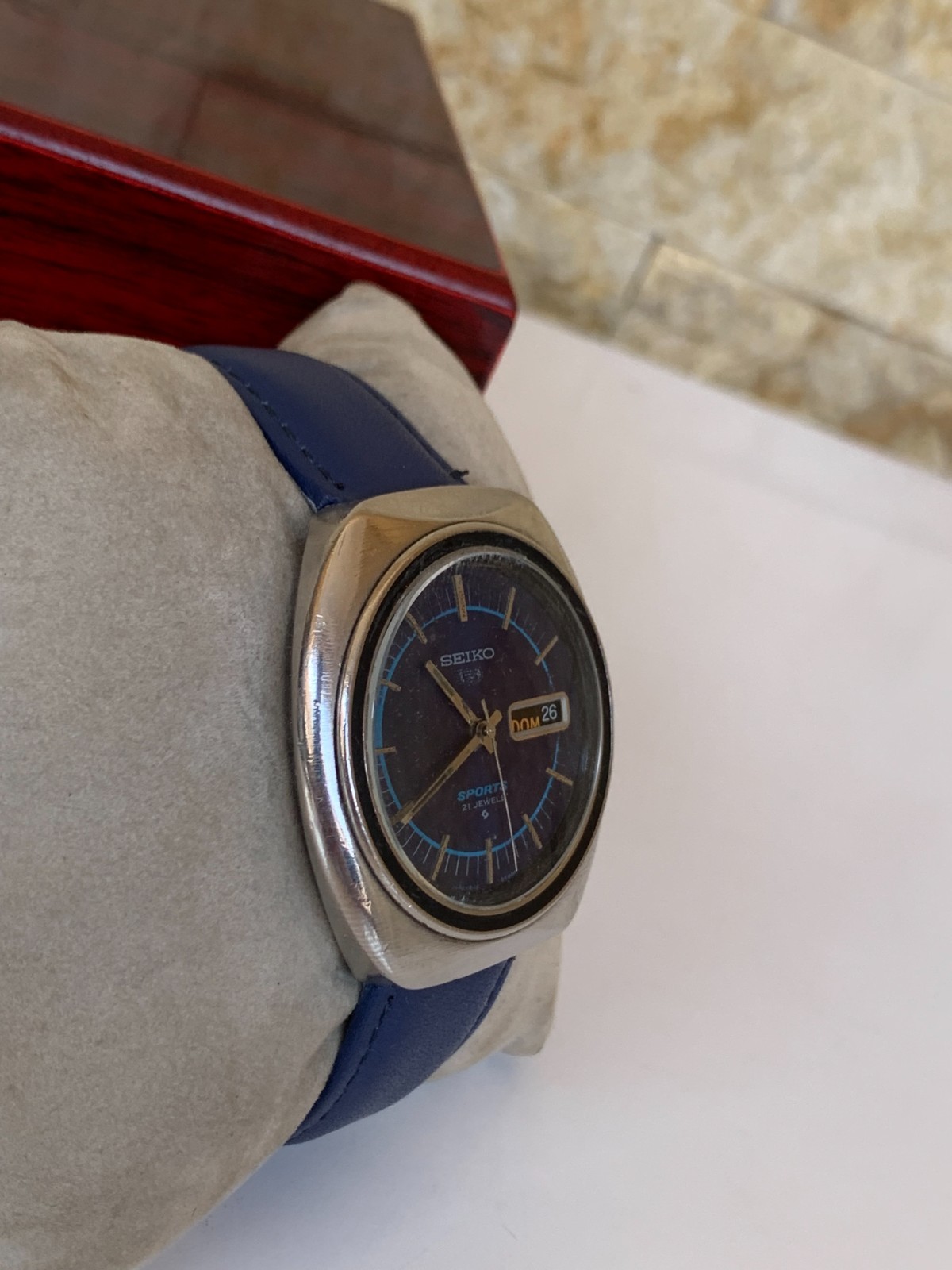 Vintage Seiko 5 Sports 6319-8070 Watch 1970s Blue Dial UFO Automatic 41mm Jumbo