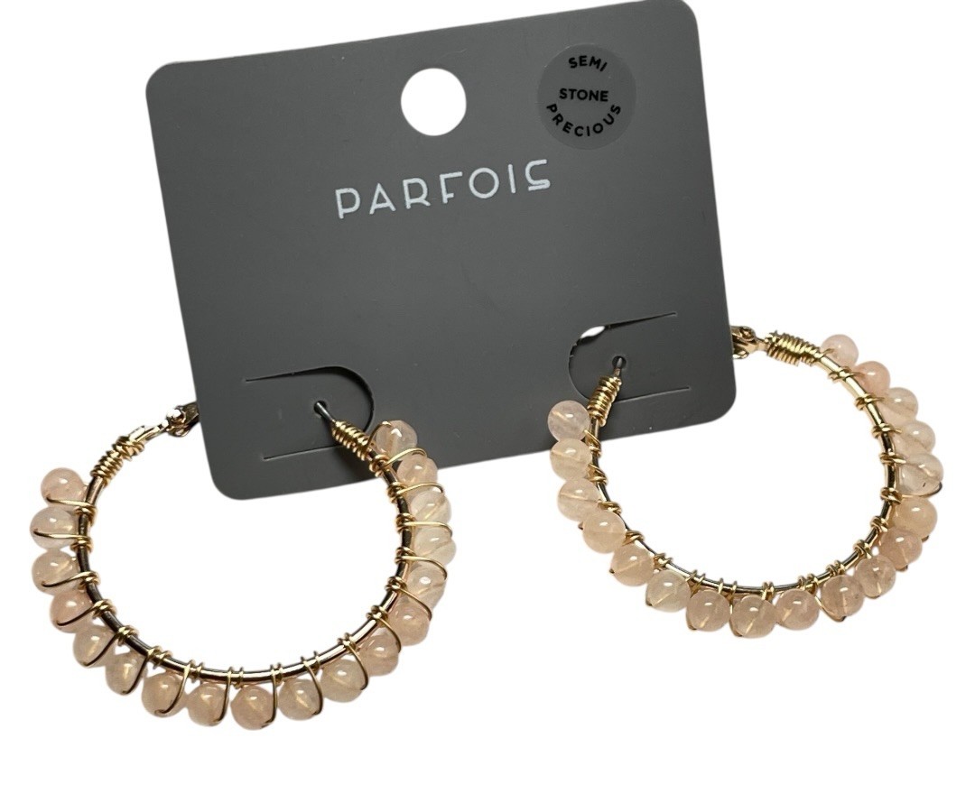 New Parfois Rose Quartz Stone Beaded Hoop Gold Earrings