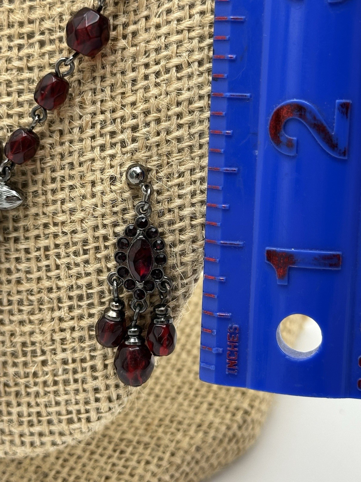 VTG-Inspired Red Burgundy Crystal Dangle Necklace & Pierced Earring Set 15-18”