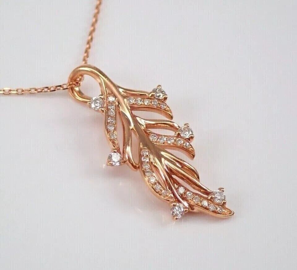 14k Rose Gold Plated In Round Cut Simulated Diamond Women’s Leaf Shape Pendant