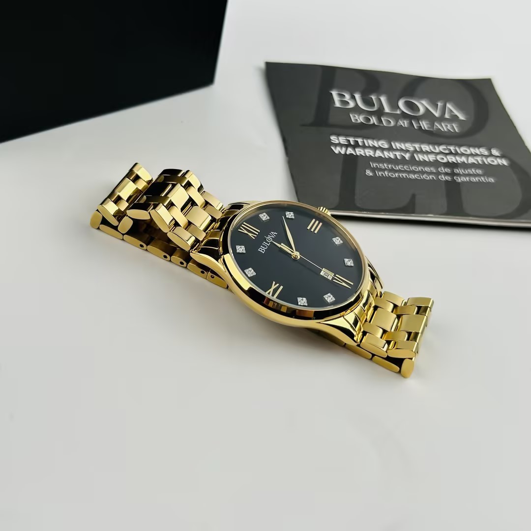 Bulova 97D108 Diamond Black Dial Gold-Tone Bracelet Men’s Quartz Watch New 40mm