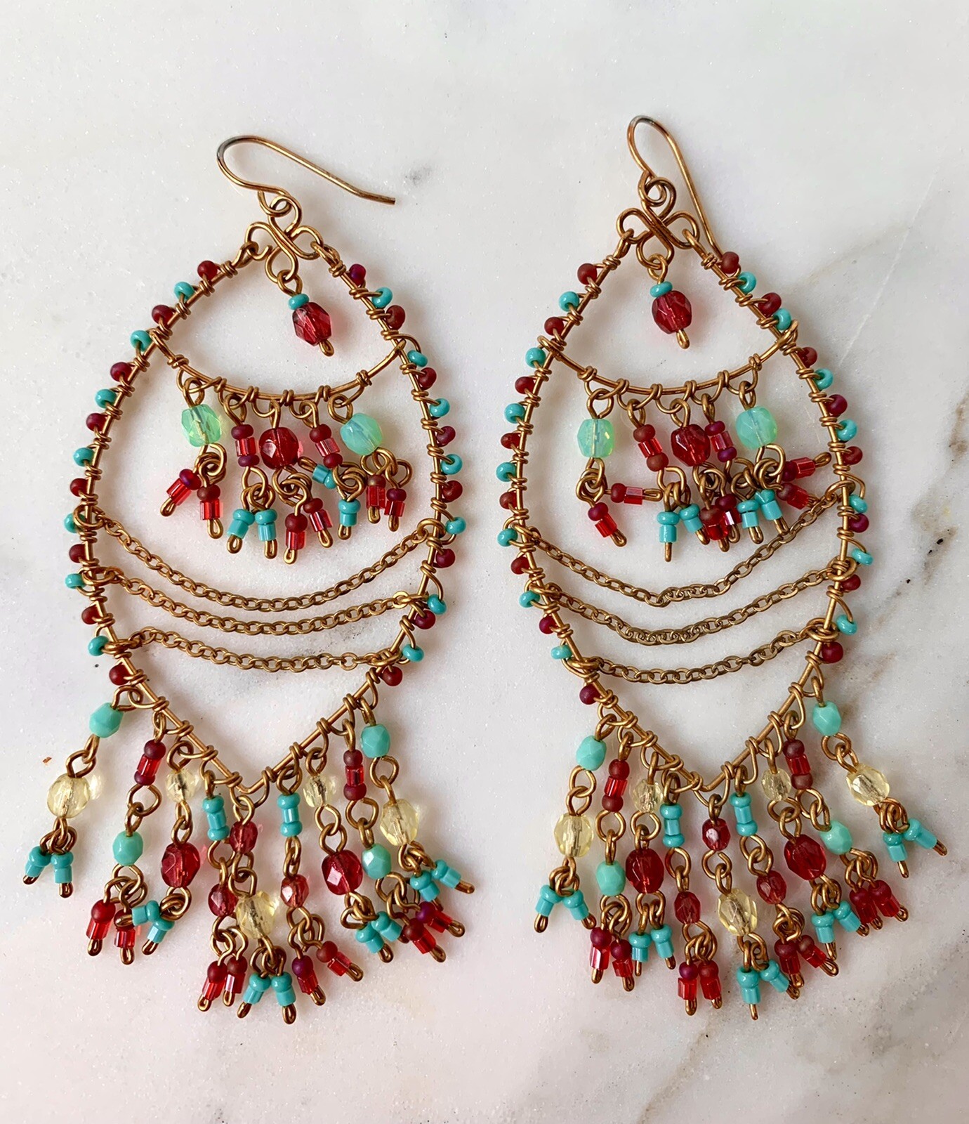 EXTRA LONG INCREDIBLE TURQUOISE PINK GLASS BEAD VINTAGE DANGLE EARRINGS 3.75 in