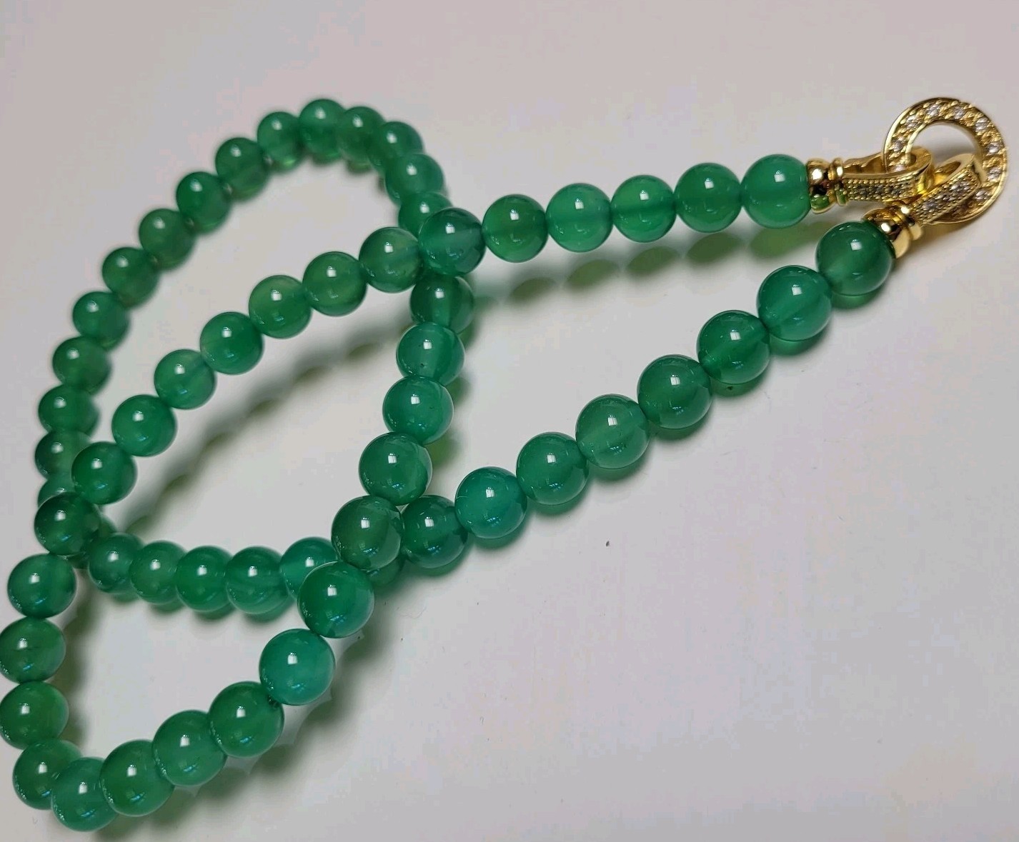 51cm Imperial Jade Green Natural Agate 8mm Bead Necklace Cubic Zirconia Clasp