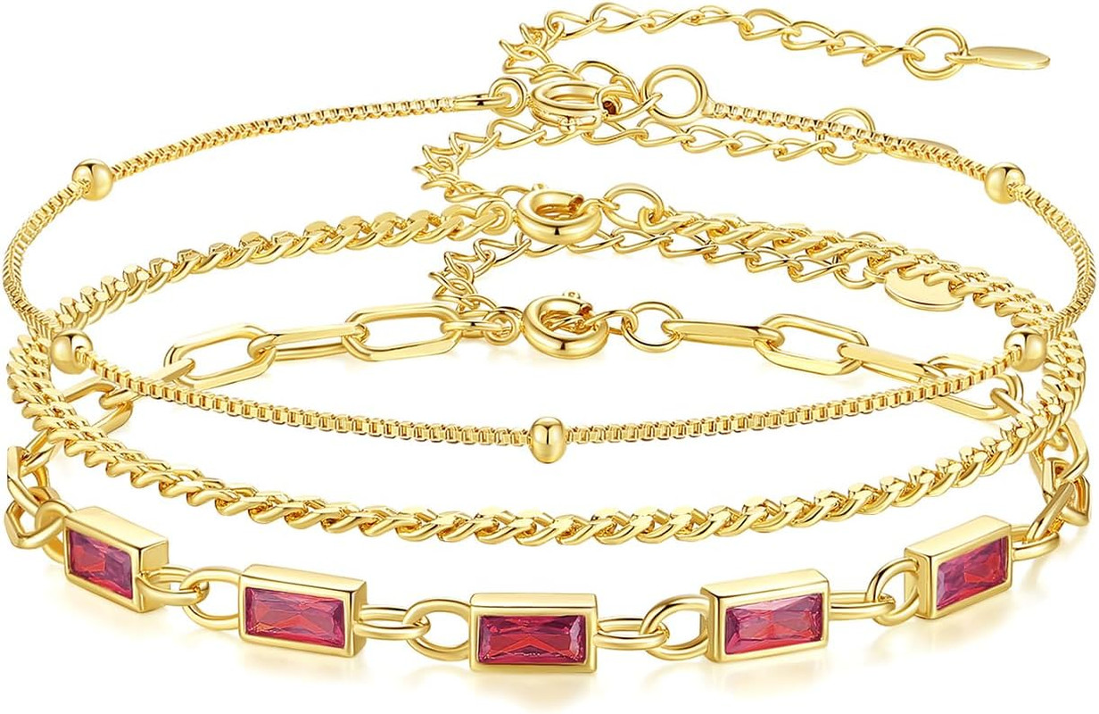 Gold Birthstone Bracelet for Women, 18K Gold Plated Layered Jewelry Bracelet Set