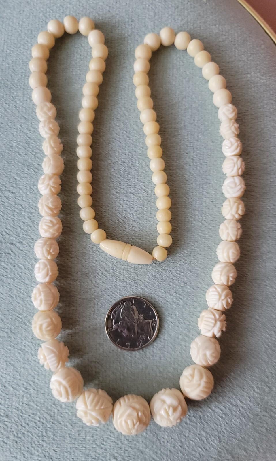 Vintage Hand Carved Rose Bovine Bone Necklace 19″