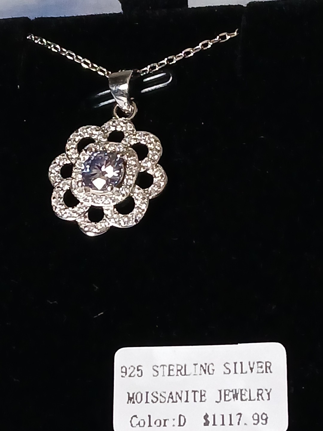 Moissanite Flower Shaped Pendant .8ct, 15-17″, Rhodium Platinum Over Sterling