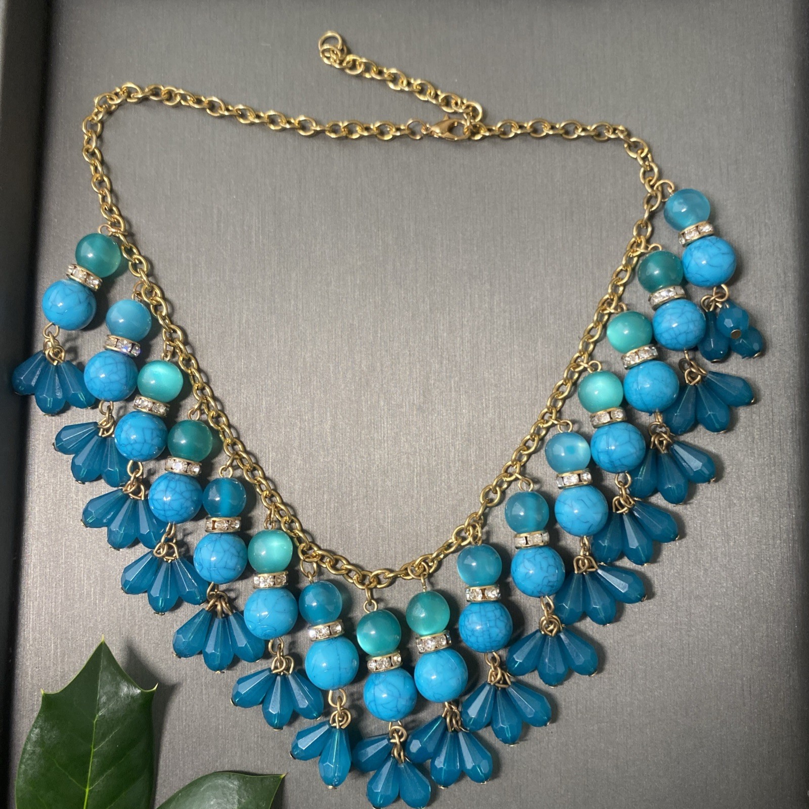 Vintage Blue Turquoise Lucite Bead Choker Necklace Statement Estate Jewelry