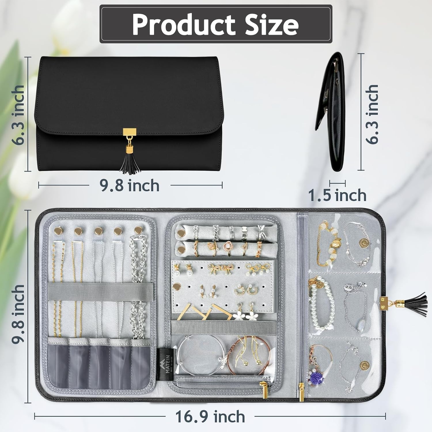 MATEIN Black Jewelry Travel Organizer – Large Vegan Leather Roll Bag with Clear