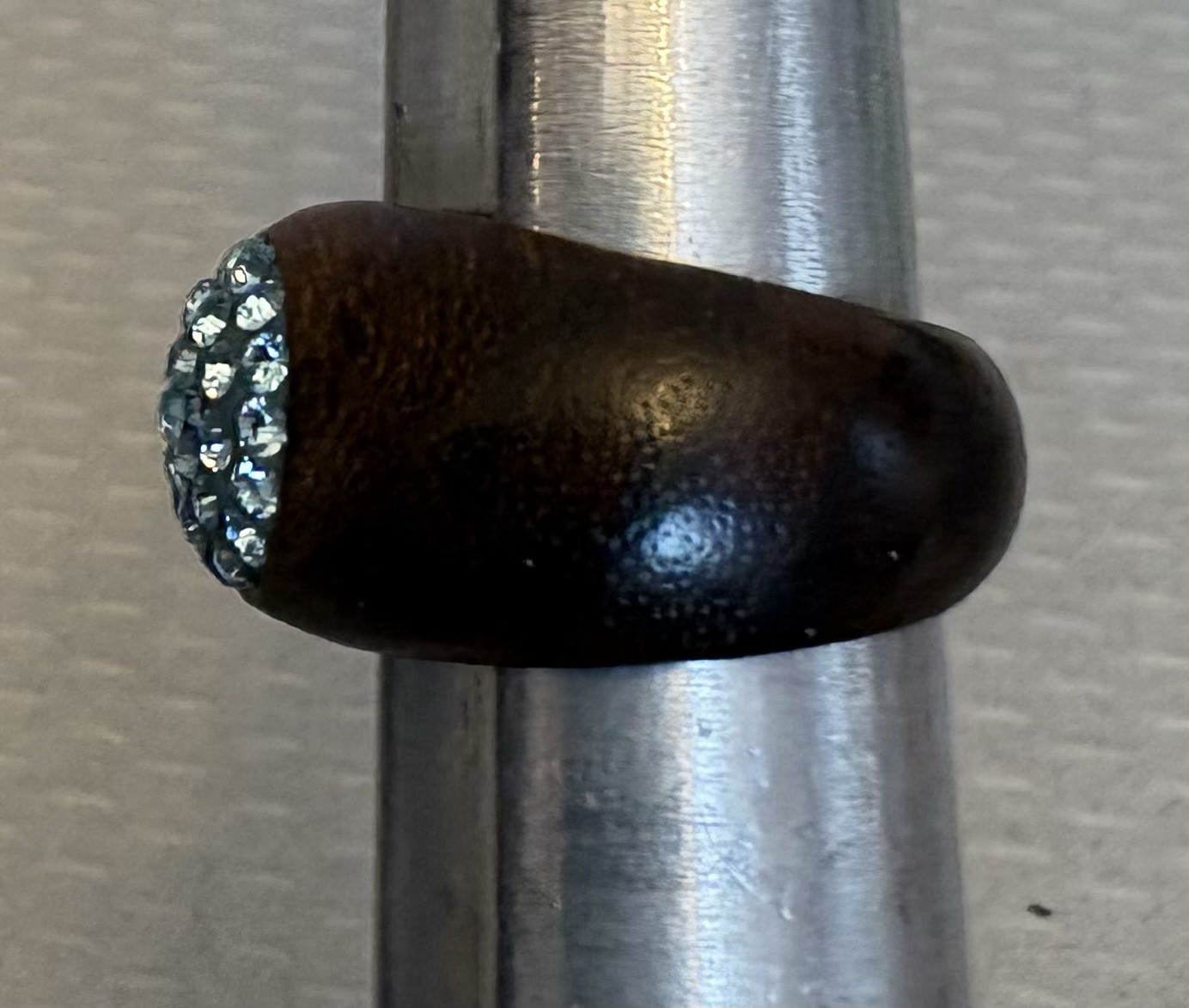 Walnut Wood Ring Aqua Swarovski Crystal Pave Set Dome size 7.25