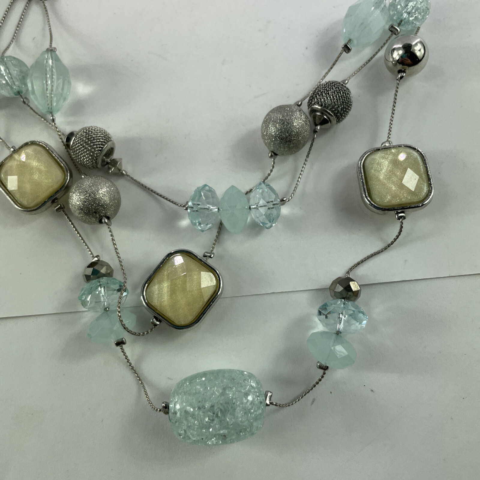 Necklace & Earrings Set, Beaded, Stones, Ivory & Blue, Silver Toned, Layered