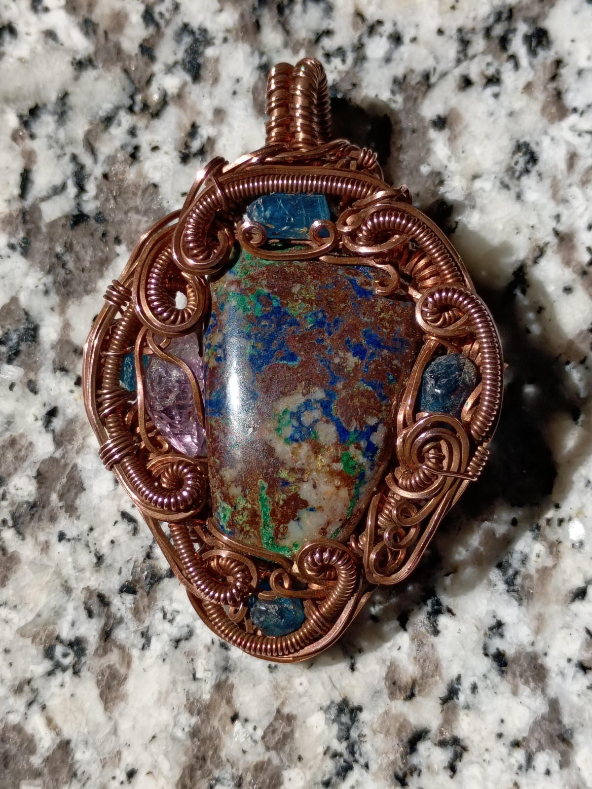 Azurite Malachite Appetite Amethyst Copper Wire wrap Pendant Statement Piece 2″