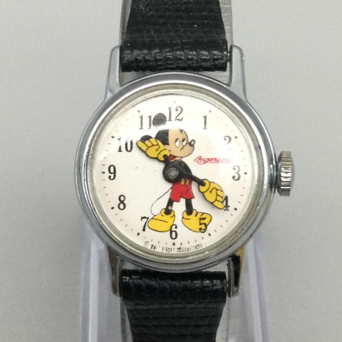 Vintage Ingersoll Kid Watch 24mm Mickey Mouse Pointing Hands Leather Manual Wind
