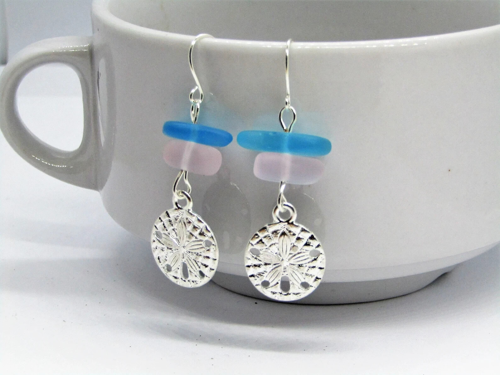 Frosted Pink & Blue Green Sea Glass Beach Stone Pebble Silver Charm SAND DOLLAR