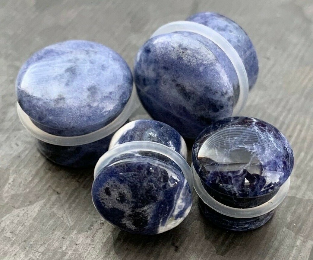 PAIR Single Flare Sodalite Stone Plugs Blue Organic Gauges Earlets Body Jewelry