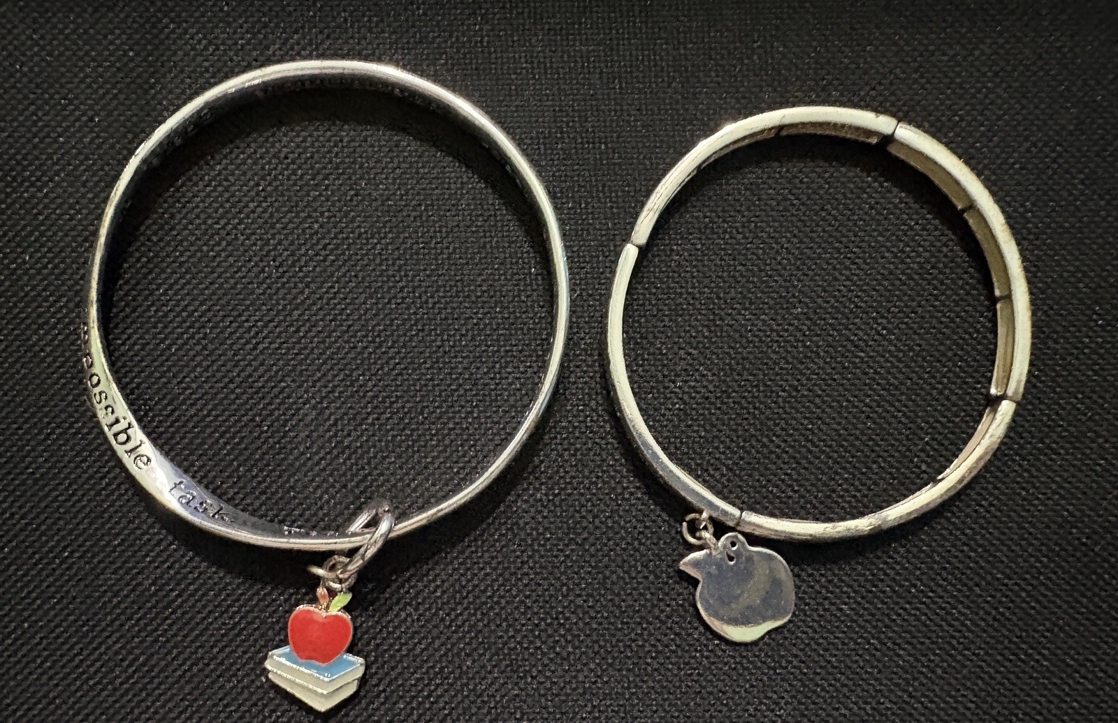 Lot of 2 Silver Tone Teacher School Bangle Charm Bracelets Apple Book Heart