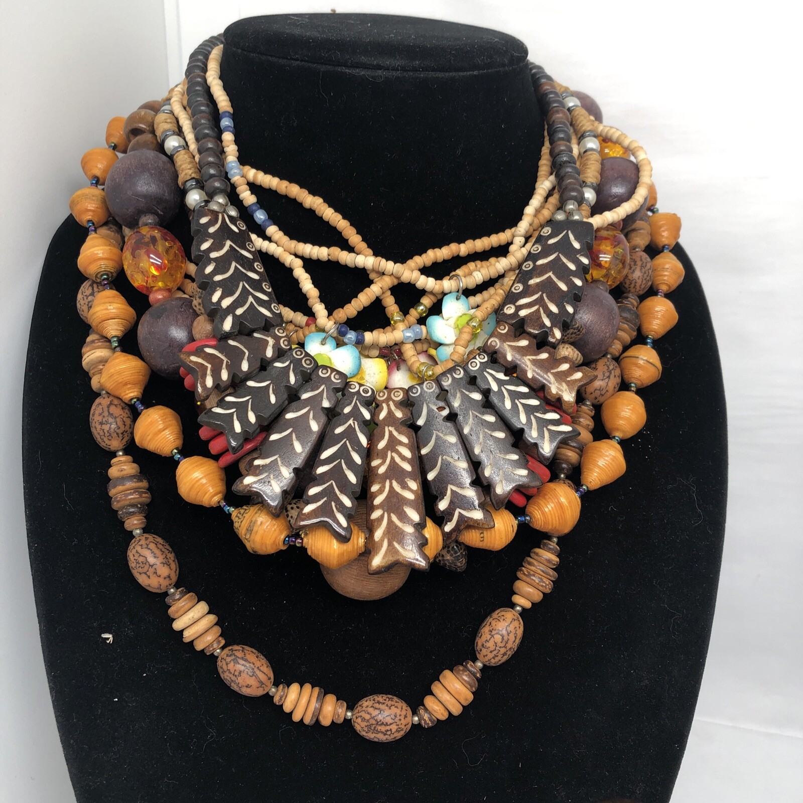 Boho Earth Tone Wood Jewelry Lot Bracelet Bangle Necklace Beads