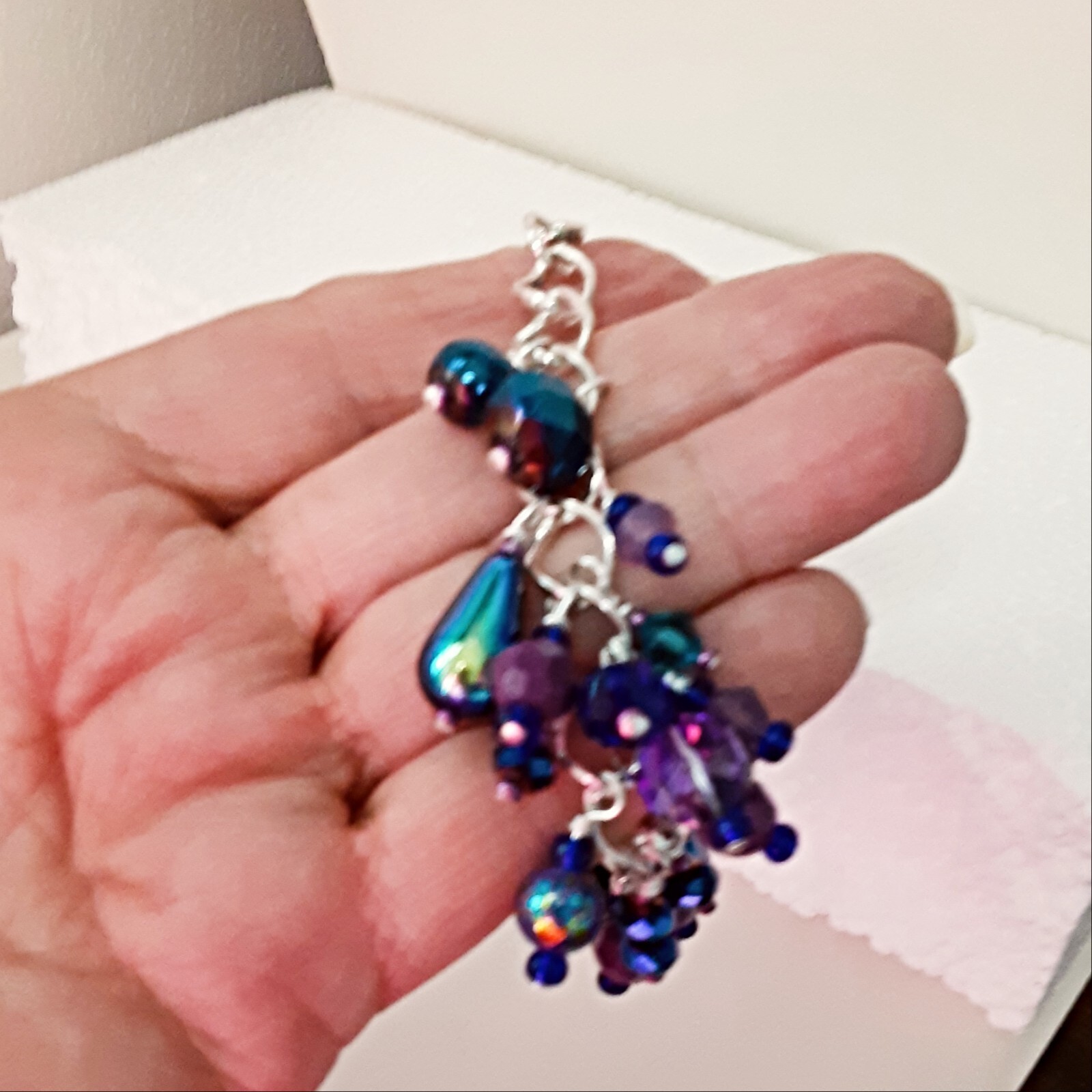 Handmade bracelet upcycled blue purple beads wirework Pat2 sz 6.2