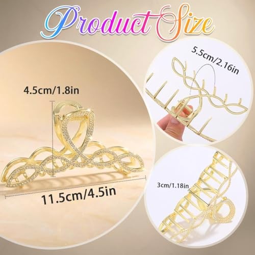 Rhinestone Metal Hair Claw Clips for Women Large 2 Pack | 4.5 Inch for Gold