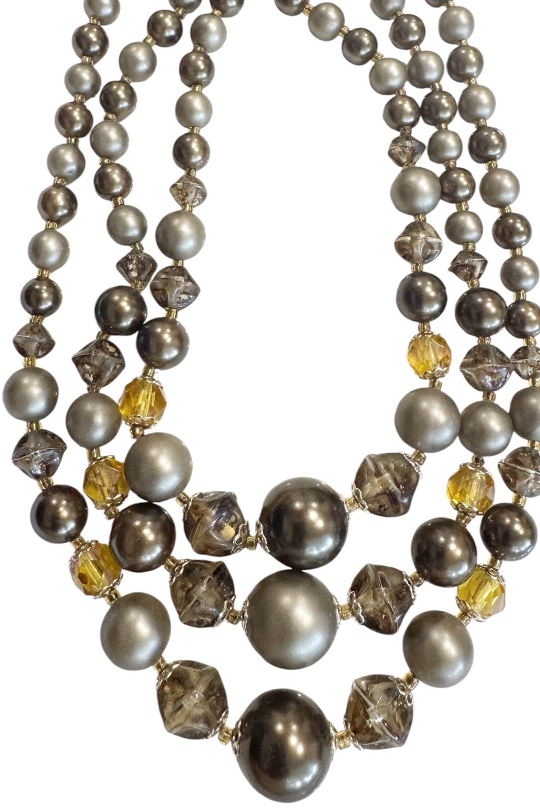 Vintage 3-Strand Simulated Pearl & Amber Bib Style Choker Statement Necklace