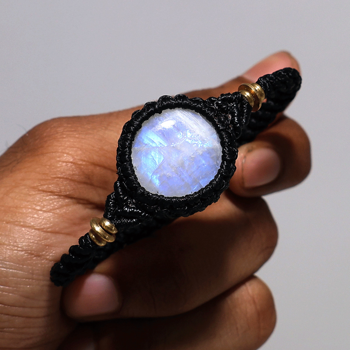 Blue Fire Rainbow Moonstone Macramé Bracelet – Handmade Lunar Glow Wrist Jewelry