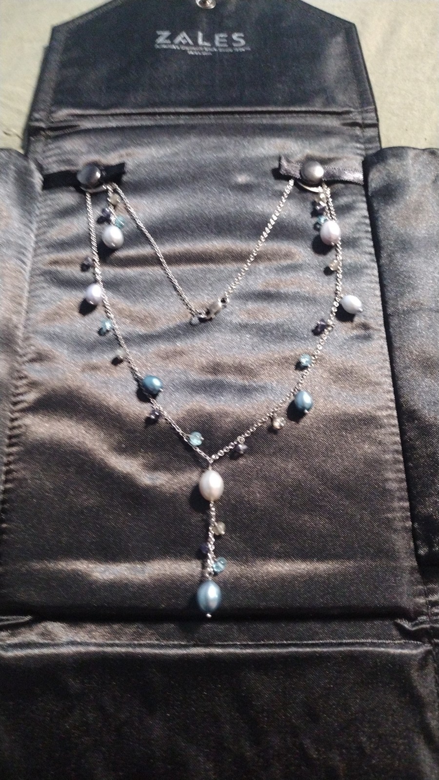 Zales Silver Tone Y-Drop Cable Chain Necklace w/ Pearls & Blue Crystals