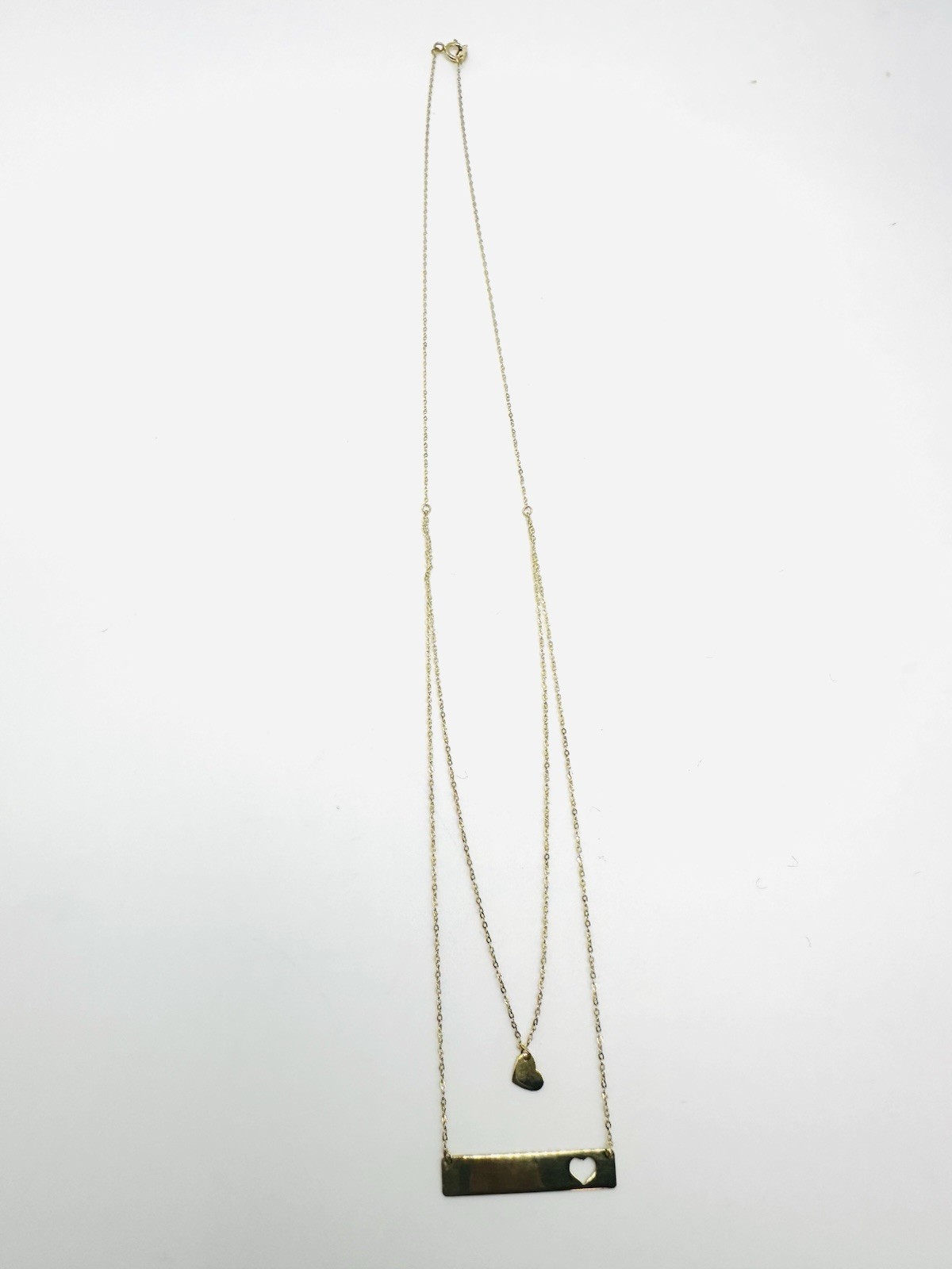 14K Gold Double Layer Bar Necklace Heart Cutout Heart Charm 20″ Fine Jewelry